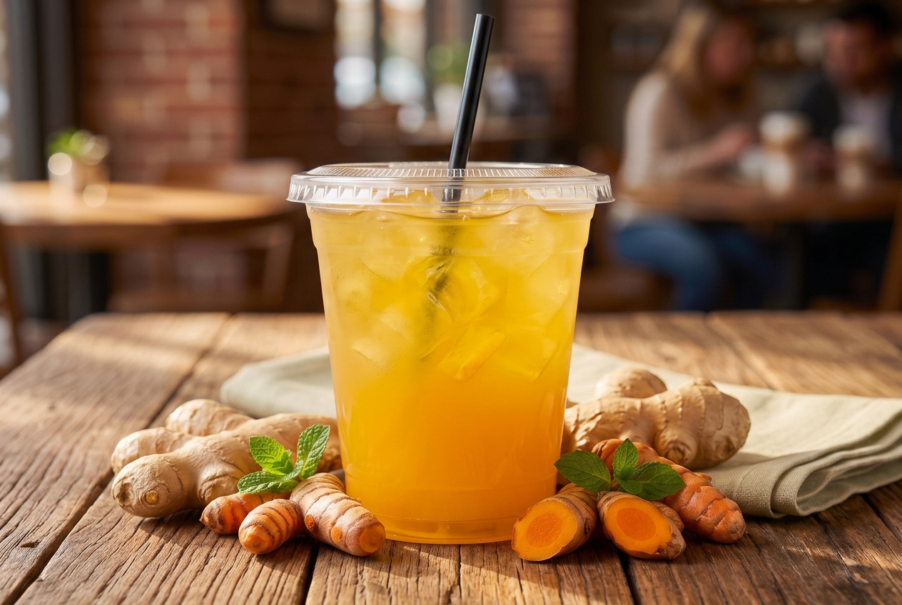 Ginger turmeric lemonade in a clear cup with fresh ginger and turmeric roots on a rustic wooden table