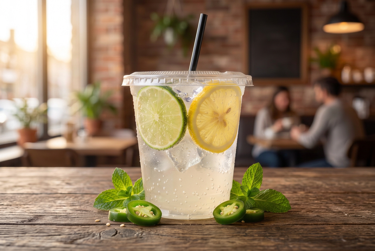 Jalapeño lemonade in a clear cup with lime and lemon slices, fresh jalapeños and mint on a rustic wooden table