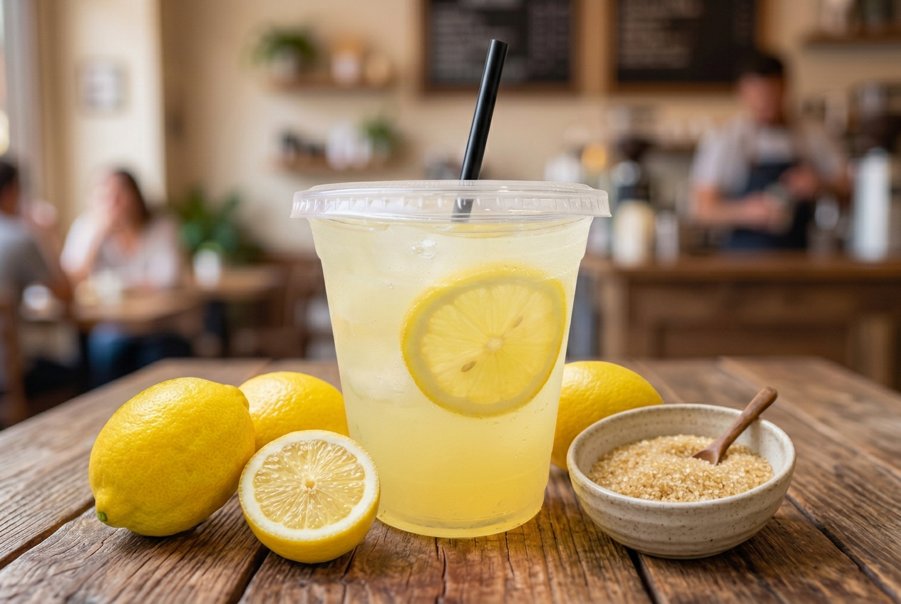 Classic lemonade in a clear cup with fresh lemons and cane sugar on a rustic wooden table